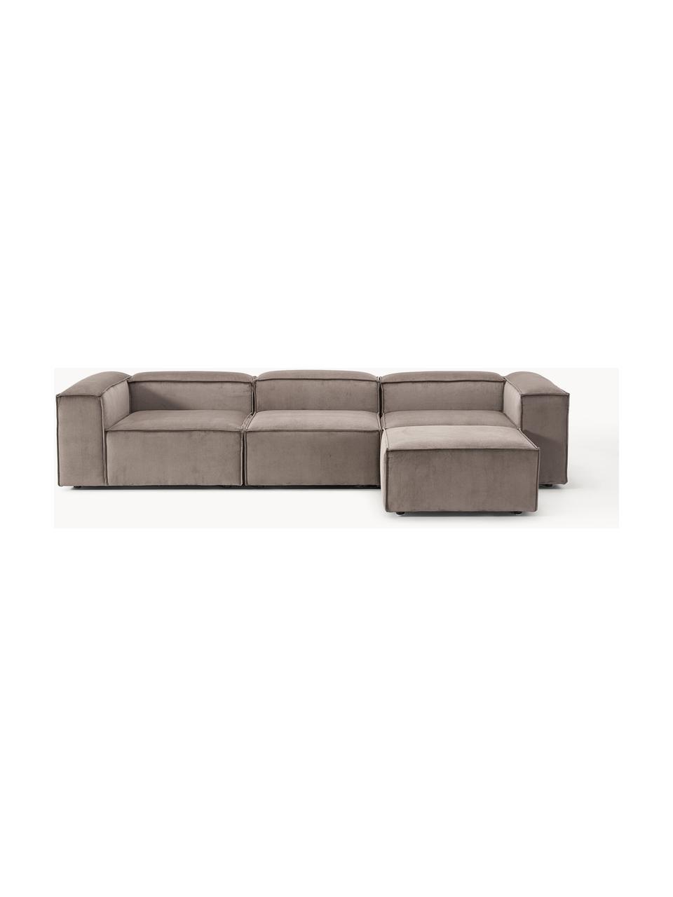 Modulares Sofa Lennon (4-Sitzer) aus Cord mit Hocker (links/rechts), Bezug: Cord (92 % Polyester, 8 %, Gestell: Massives Kiefernholz, Spe, Füße: Kunststoff Dieses Produkt, Cord Taupe, B 329 x T 207 cm