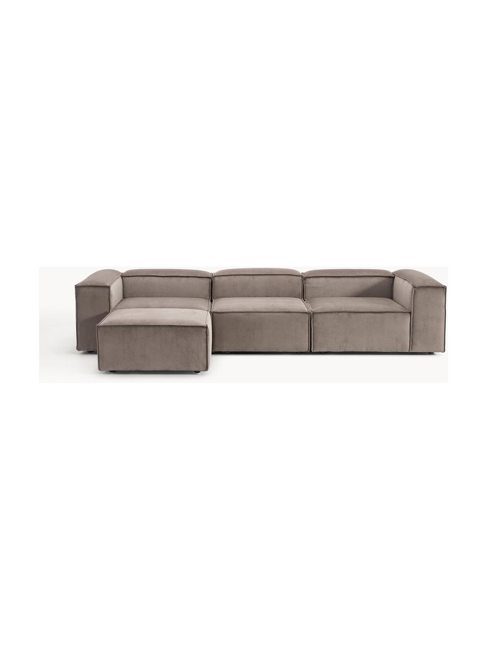 Modulares Sofa Lennon (4-Sitzer) aus Cord mit Hocker (links/rechts), Bezug: Cord (92 % Polyester, 8 %, Gestell: Massives Kiefernholz, Spe, Füße: Kunststoff Dieses Produkt, Cord Taupe, B 329 x T 207 cm