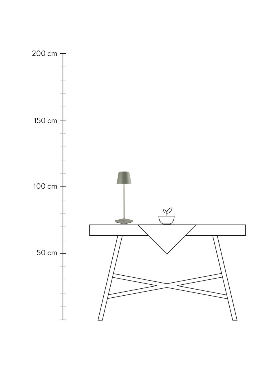 Lámpara de mesa regulable para exterior Kelly, portátil, Aluminio recubierto, Verde oliva, Ø 10 x Al 38 cm