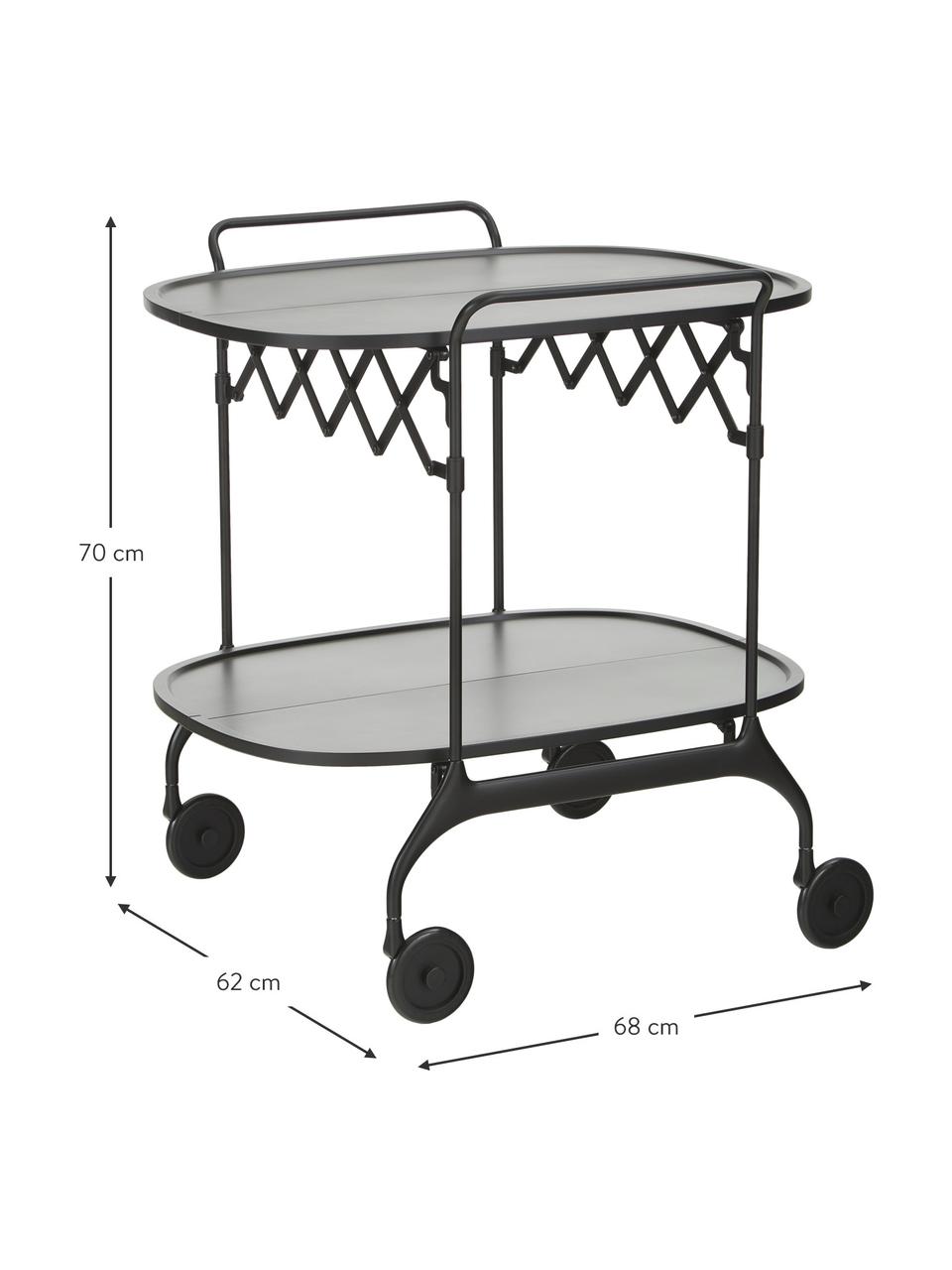 Carrello di servizio in metallo Gastone, Struttura: metallo laccato, Ripiani: nylon, rinforzato con fib, Nero, Larg. 68 x Alt. 70 cm