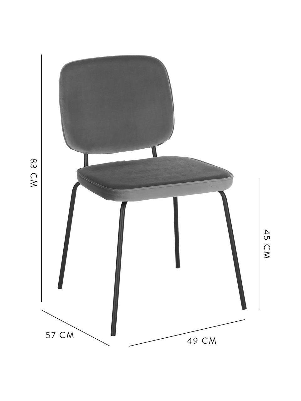 Fluwelen stoelen Jasper, 2 stuks, Bekleding: fluweel (hoogwaardig poly, Poten: gepoedercoat metaal, Grijs, B 49 x D 57 cm