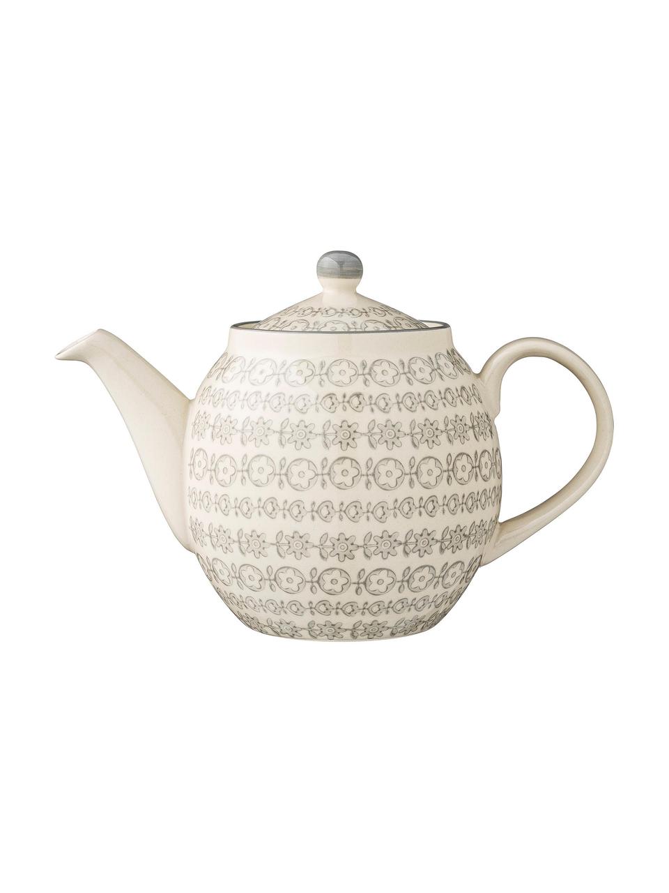 Théière rustique peinte main Karine, 1,2 L, Grès cérame, Blanc cassé, gris, Ø 24 x haut. 16 cm