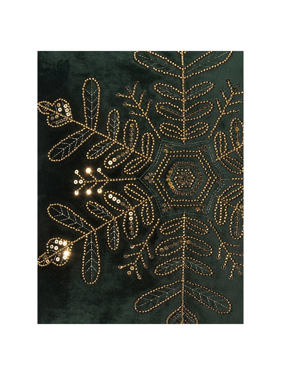 Samt-Kissenhülle Sparkle mit besticktem Perlen-Motiv, Polyestersamt, Dunkelgrün, Goldfarben, B 45 x L 45 cm