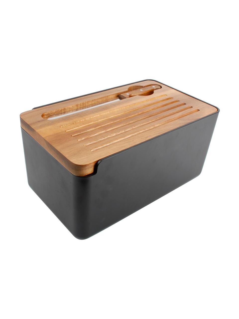 Boîte à pain avec couvercle acacia et couteau Hudson, 3 élém., Noir, bois d'acacia, acier, larg. 37 x haut. 19 cm