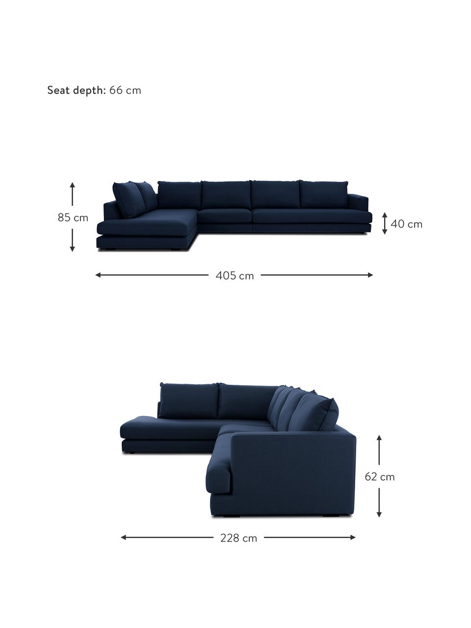 Divano angolare XXL in tessuto blu scuro Tribeca, Rivestimento: 100% poliestere Il rivest, Struttura: legno di faggio massiccio, Piedini: legno massiccio di faggio, Tessuto blu scuro, Larg. 405 x Prof. 228 cm