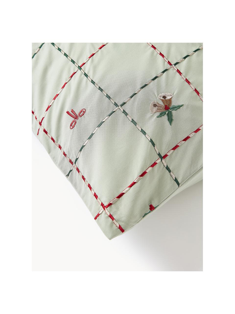 Federa in cotone percalle ricamato con motivi natalizi Rudy, Verde salvia, multicolore, Larg. 50 x Lung. 80 cm