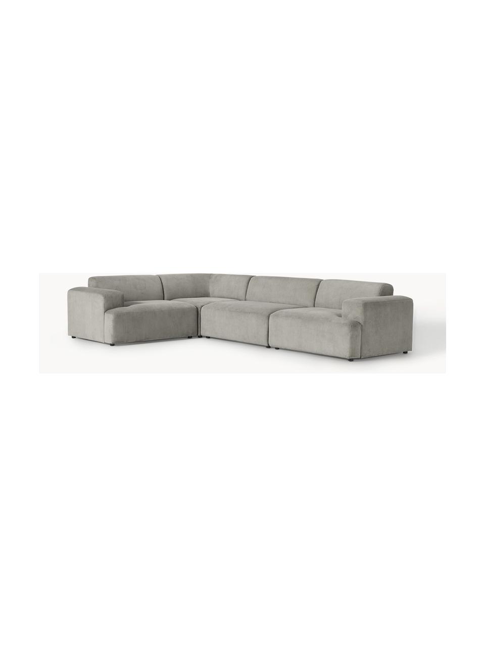 Großes Ecksofa Melva (4-Sitzer) aus Cord, Bezug: Cord (92 % Polyester, 8 %, Gestell: Massives Kiefernholz, Spe, Füße: Kunststoff Dieses Produkt, Cord Grau, B 339 x T 220 cm, Eckteil links