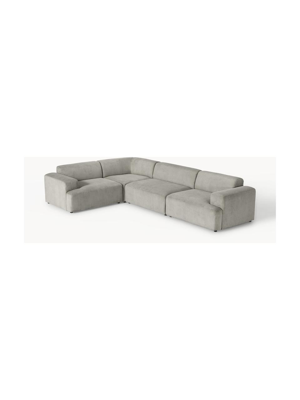 Großes Ecksofa Melva (4-Sitzer) aus Cord, Bezug: Cord (92 % Polyester, 8 %, Gestell: Massives Kiefernholz, Spe, Füße: Kunststoff Dieses Produkt, Cord Grau, B 339 x T 220 cm, Eckteil links