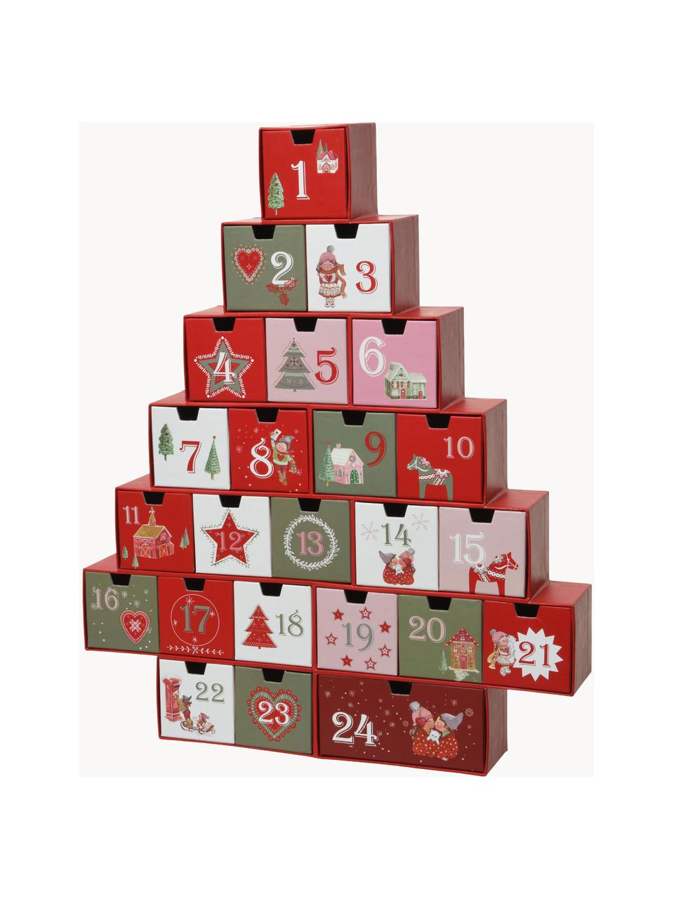 Adventskalender Riko H 44 cm, Papier, Rood, groen, roze, wit, B 37 x H 44 cm