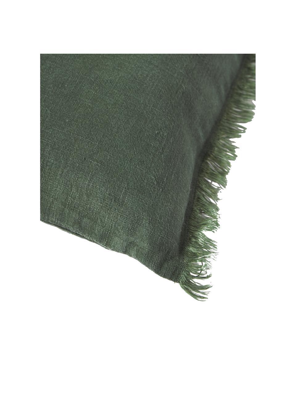 Funda de cojín de lino con flecos Luana, 100% lino

Por naturaleza, el lino tiene un tacto bastante aspero y un aspecto arrugado natural
La alta resistencia al desgarro hace que el lino sea muy resistente., Verde oscuro, An 40 x L 40 cm