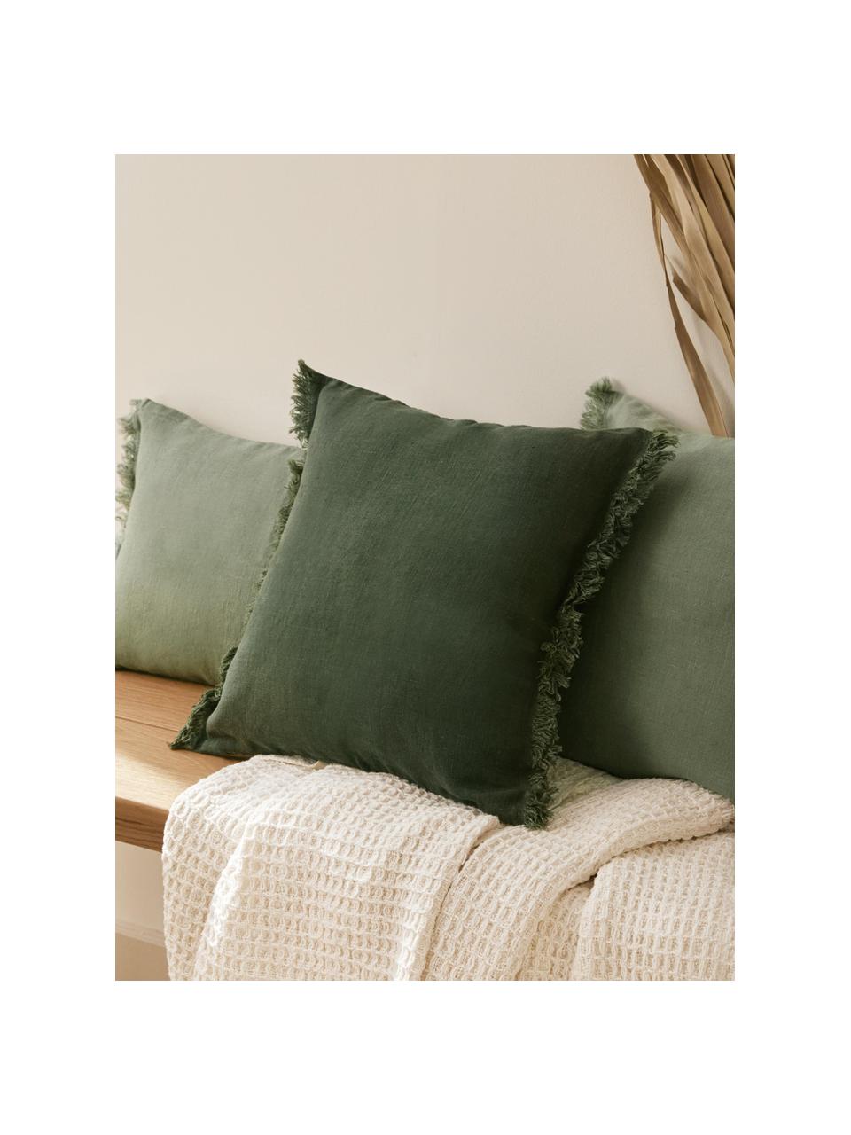 Housse de coussin pur lin avec franges Luana, 100 % pur lin

Le lin est naturellement doté d'un toucher plutôt rugueux et d'un aspect froissé
Sa résistance élevée au accrocs lui confère robustesse et longévité, Vert foncé, larg. 40 x long. 40 cm