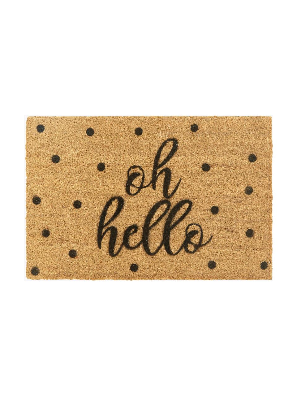 Felpudo Oh Hello, Parte superior: fibras de coco, Reverso: PVC, Beige, negro, An 40 x L 60 cm