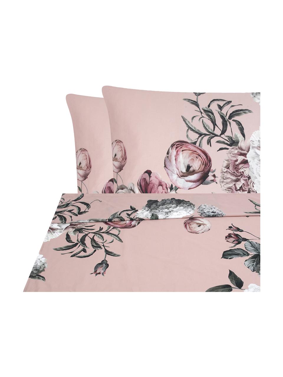 Parure letto in raso di cotone Blossom, Rosa, 240 x 300 cm + 2 federe 50 x 80 cm