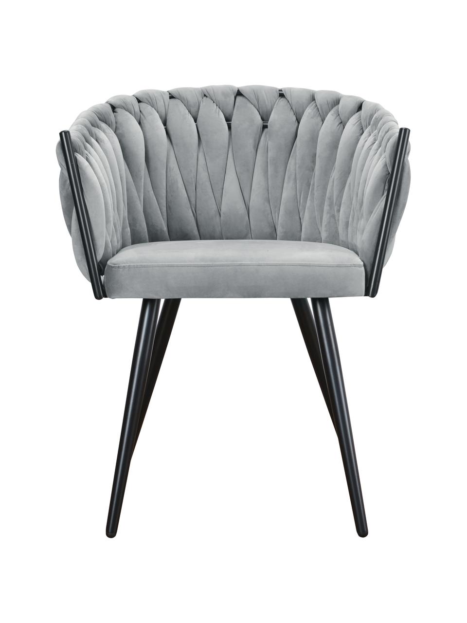 Krzesło z podłokietnikami z aksamitu Larissa, Tapicerka: aksamit (100% poliester), Nogi: metal, Aksamitny szary, nogi: czarny, S 63 x G 55 cm