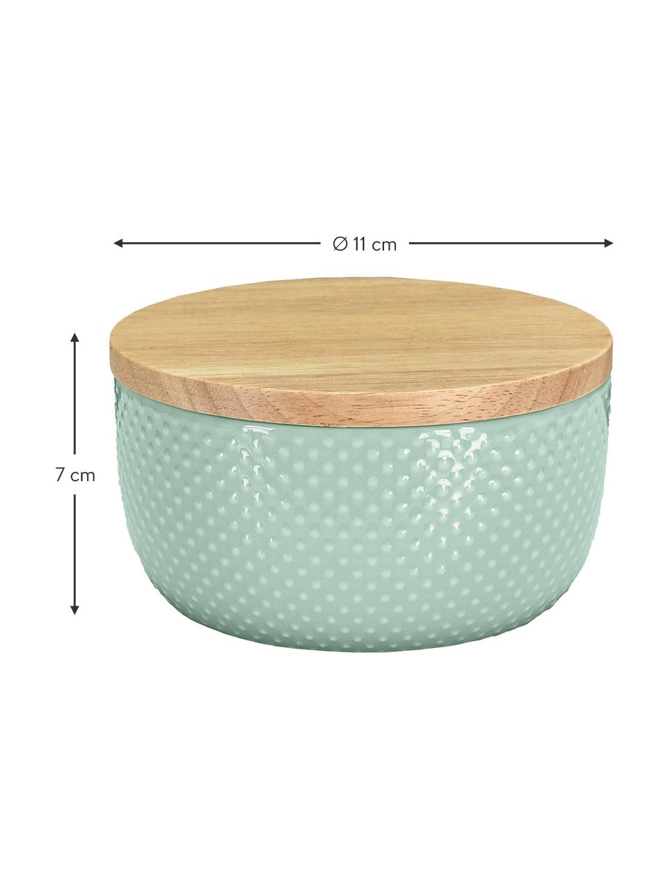 Contenitore bagno in gres con coperchio in bambù Dotty, Contenitore: gres, Coperchio: bambù, Verde eucalipto, Ø 11 x Alt. 7 cm