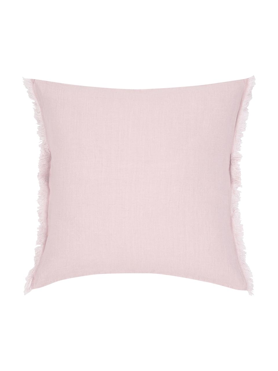 Linnen kussenhoes Luana in roze met franjes, 100% linnen, Oudroze, 50 x 50 cm