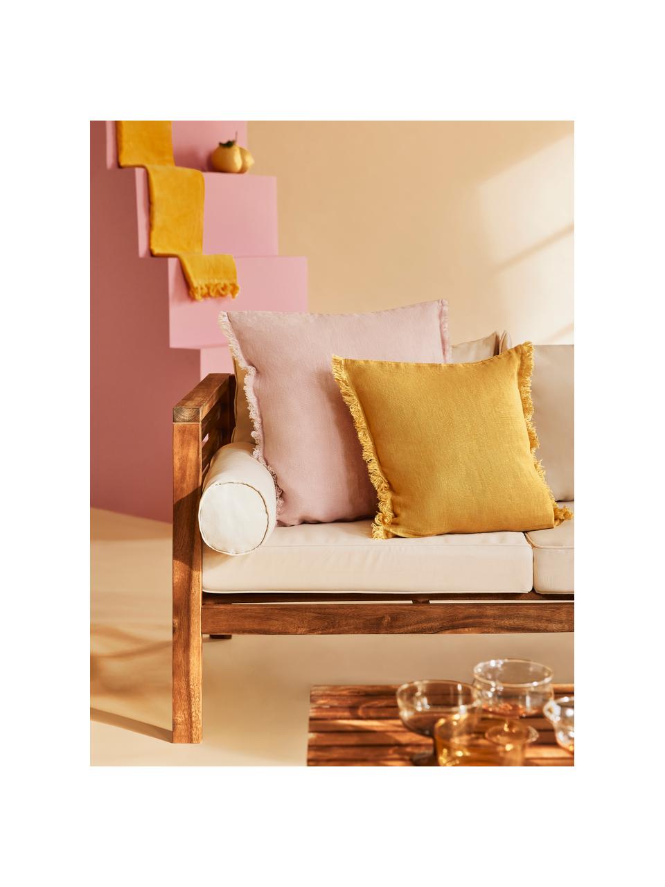 Poszewka na poduszkę z lnu z frędzlami Luana, 100% len, Brudny różowy, S 50 x D 50 cm