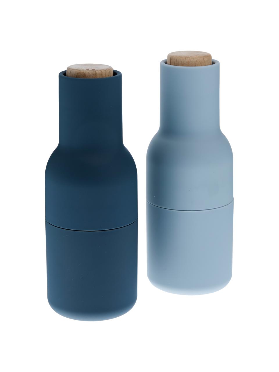 Designer Salz- & Pfeffermühle Bottle Grinder mit Buchenholzdeckel, 2er-Set, Korpus: Kunststoff, Mahlwerk: Keramik, Deckel: Holz, Blau, Hellblau, Ø 8 x H 21 cm