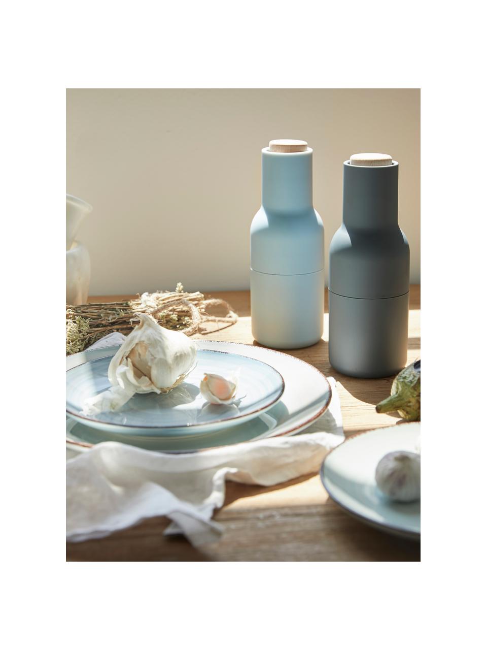 Designer peper- en zoutmolen Bottle Grinder met houten deksel, set van 2, Frame: kunststof, Deksel: hout, Blauw, lichtblauw, beukenhout, Ø 8 x H 21 cm