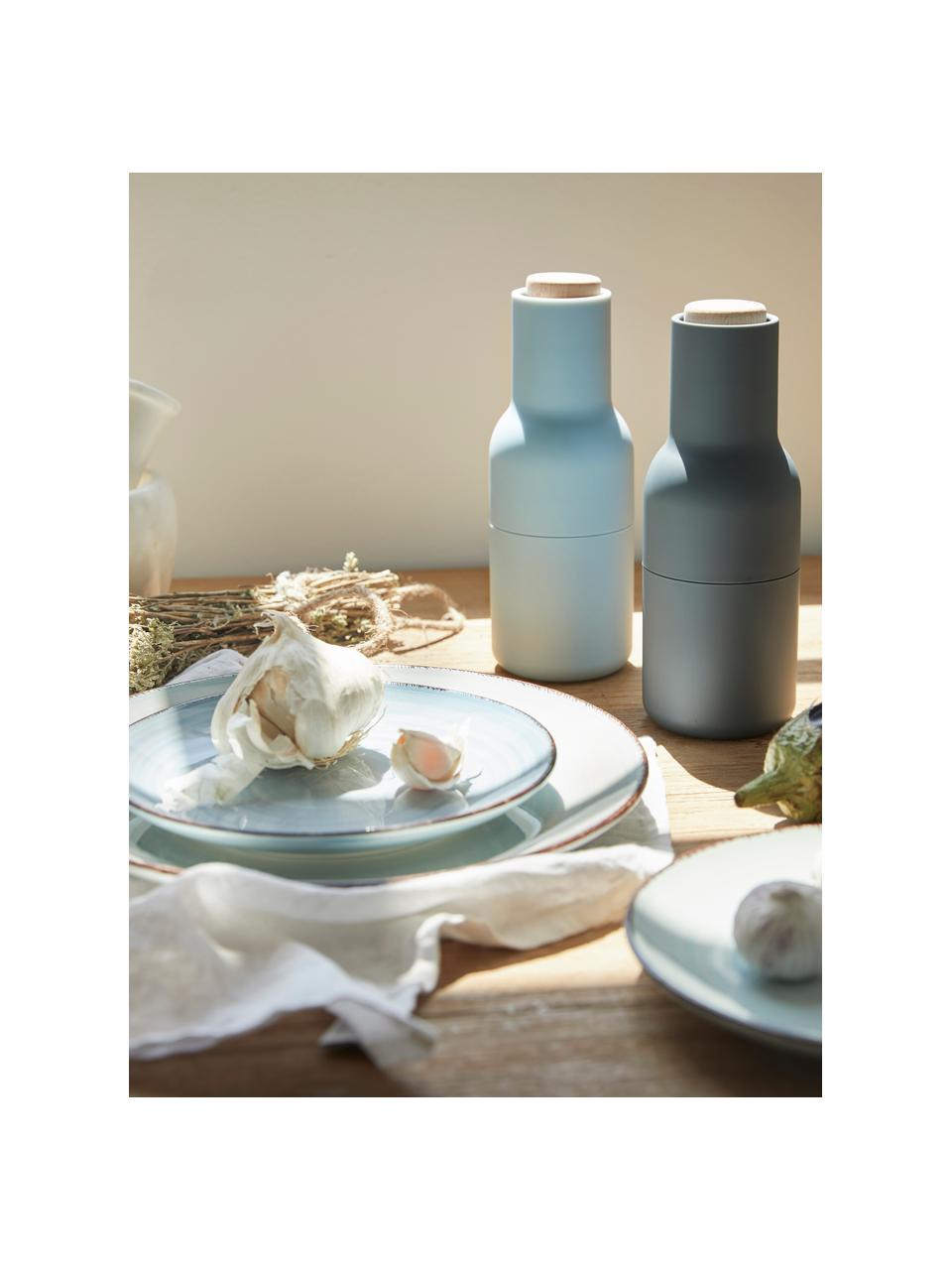 Set saliera e pepiera di design con coperchio in legno di faggio Bottle Grinder 2 pz, Struttura: materiale sintetico, Coperchio: legno, Blu, azzurro, legno di faggio, Ø 8 x Alt. 21 cm
