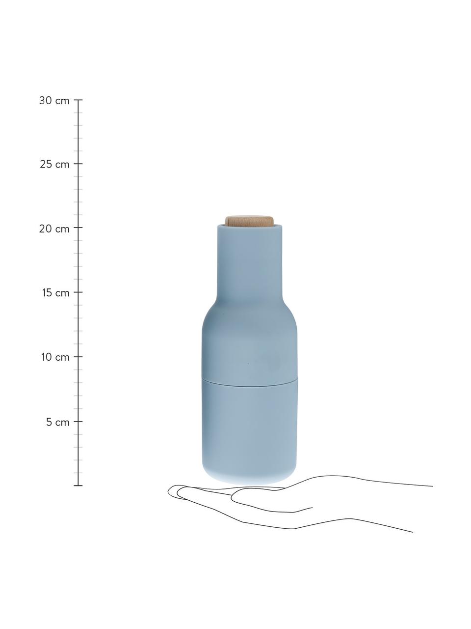 Designer peper- en zoutmolen Bottle Grinder met houten deksel, set van 2, Frame: kunststof, Deksel: hout, Blauw, lichtblauw, beukenhout, Ø 8 x H 21 cm