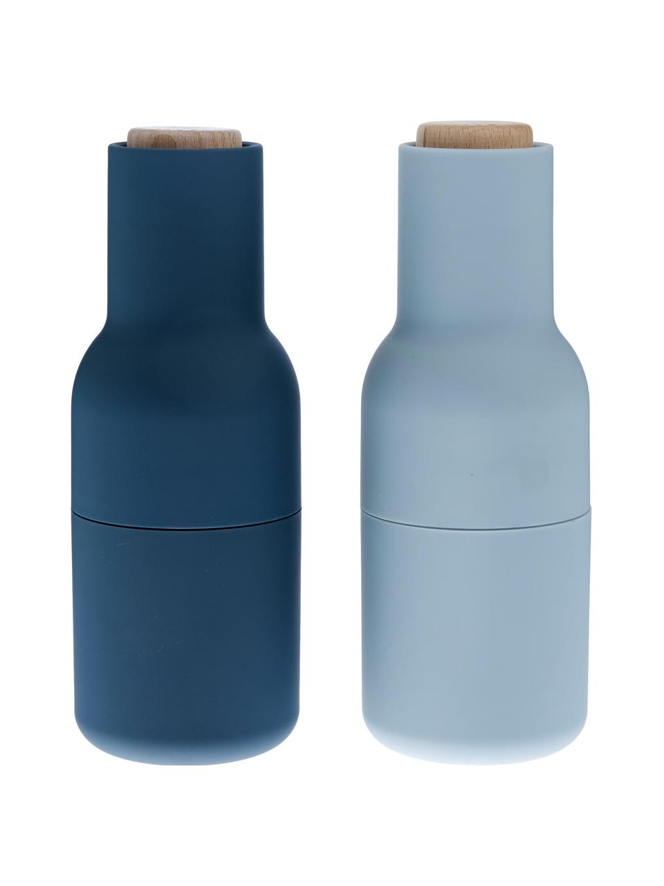 Sada designových mlýnků na sůl a pepř s dřevěnými víčky Bottle Grinder, 2 díly, Modrá, světle modrá, bukové dřevo, Ø 8 cm, V 21 cm