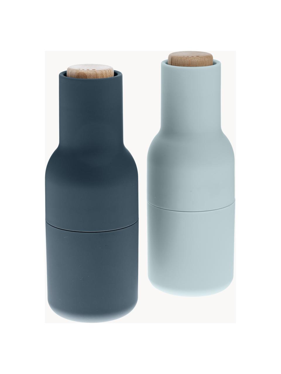 Salero y pimentero de diseño Bottle Grinder, 2 uds., Estructura: plástico, Grinder: cerámica, Azul oscuro, azul claro, madera, Ø 8 x Al 21 cm