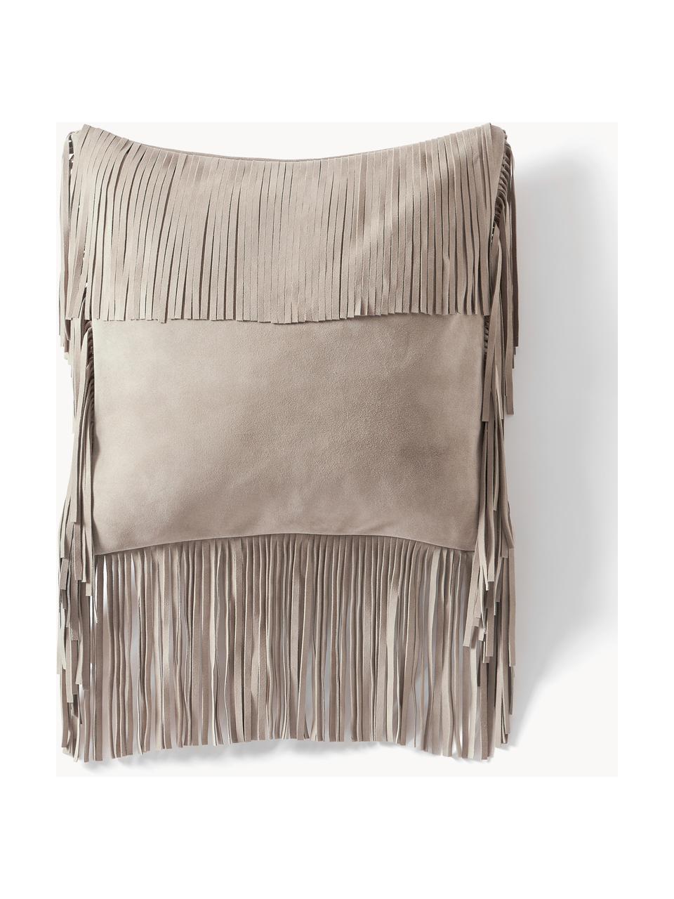 Housse de coussin en cuir avec franges Amaia, 100 % cuir, Beige, larg. 50 x long. 50 cm