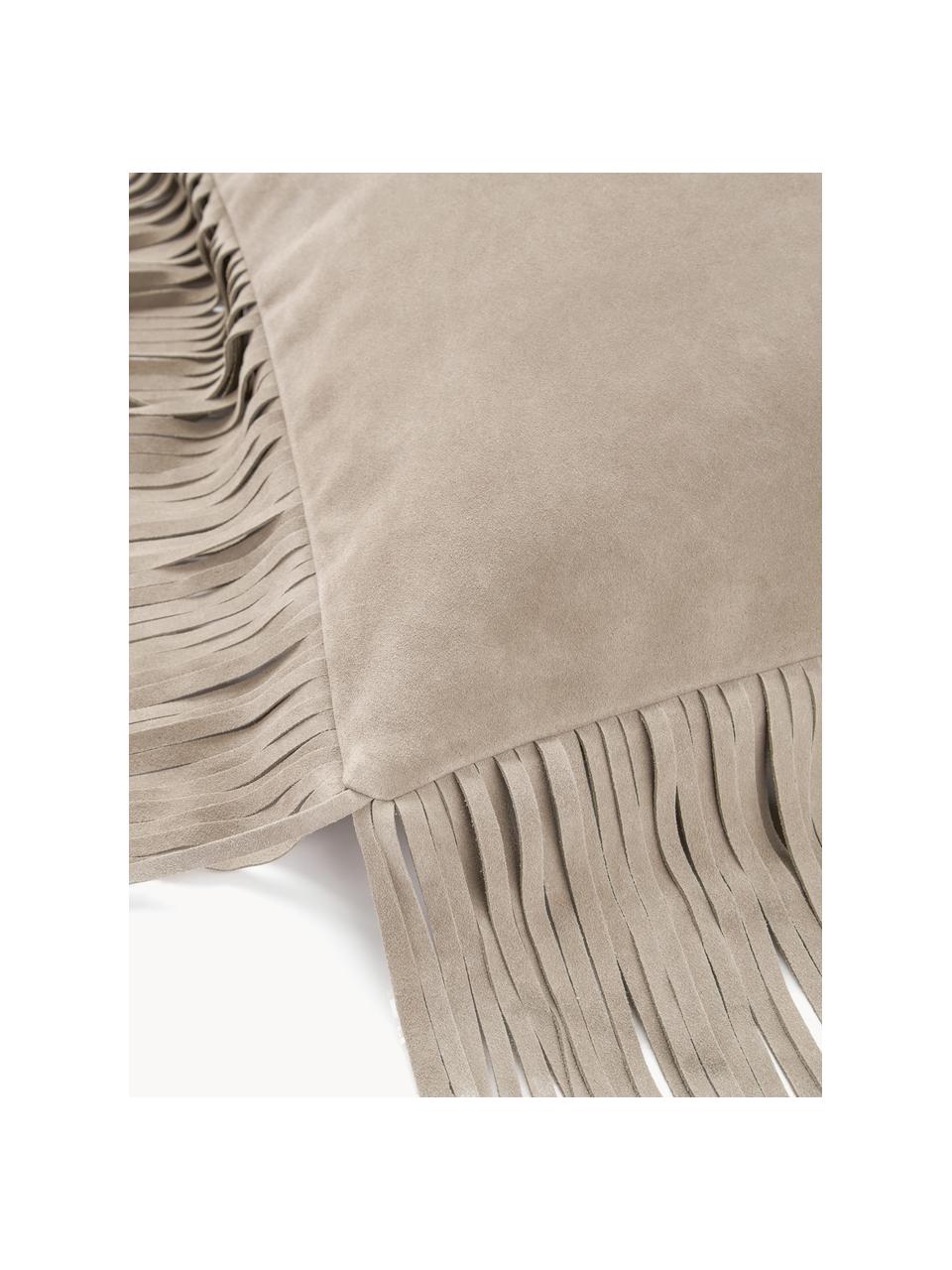 Housse de coussin 50x50 en cuir avec franges Amaia, 100 % cuir, Beige, larg. 50 x long. 50 cm