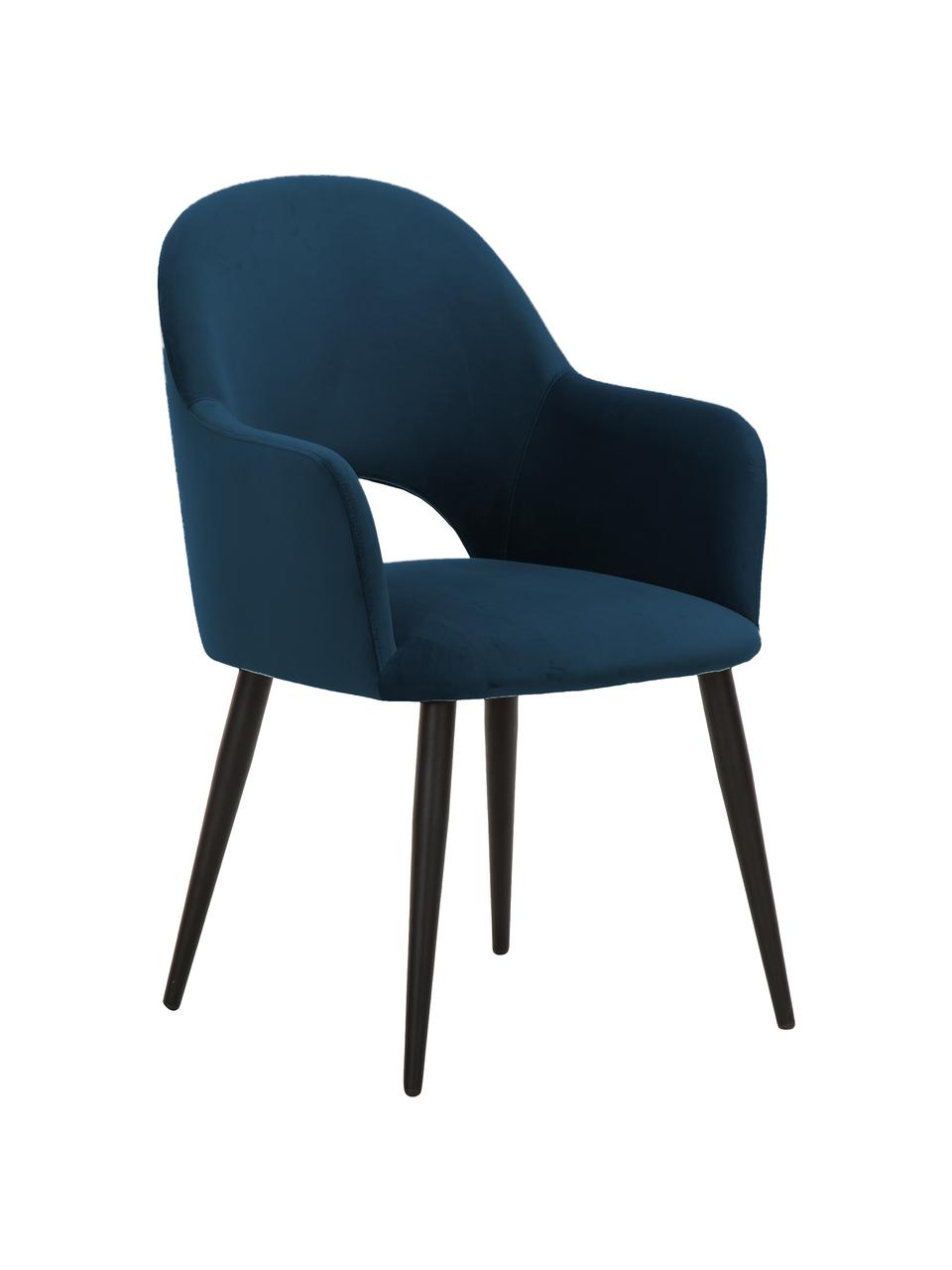Sedia con braccioli in velluto Rachel, Rivestimento: velluto (rivestimento in , Gambe: metallo verniciato a polv, Velluto blu scuro, Larg. 55 x Prof. 65 cm
