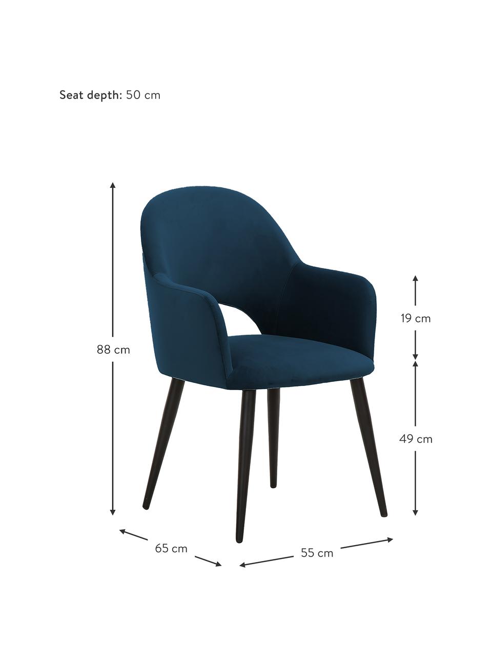 Sedia con braccioli in velluto Rachel, Rivestimento: velluto (rivestimento in , Gambe: metallo verniciato a polv, Velluto blu scuro, Larg. 55 x Prof. 65 cm