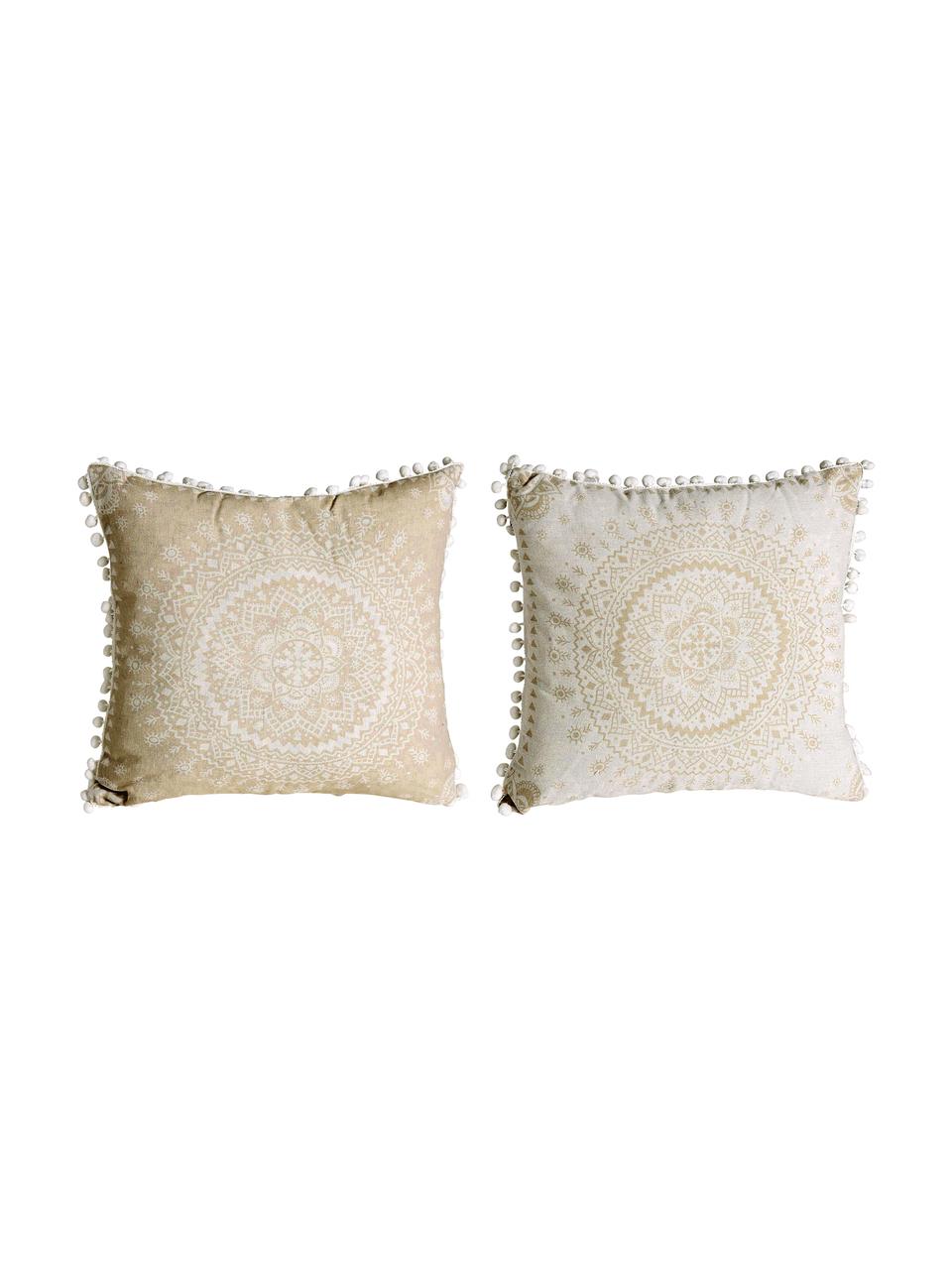 Set 2 cuscini arredo fantasia con pompon decorativi Paloma, Beige, bianco, Larg. 45 x Lung. 45 cm