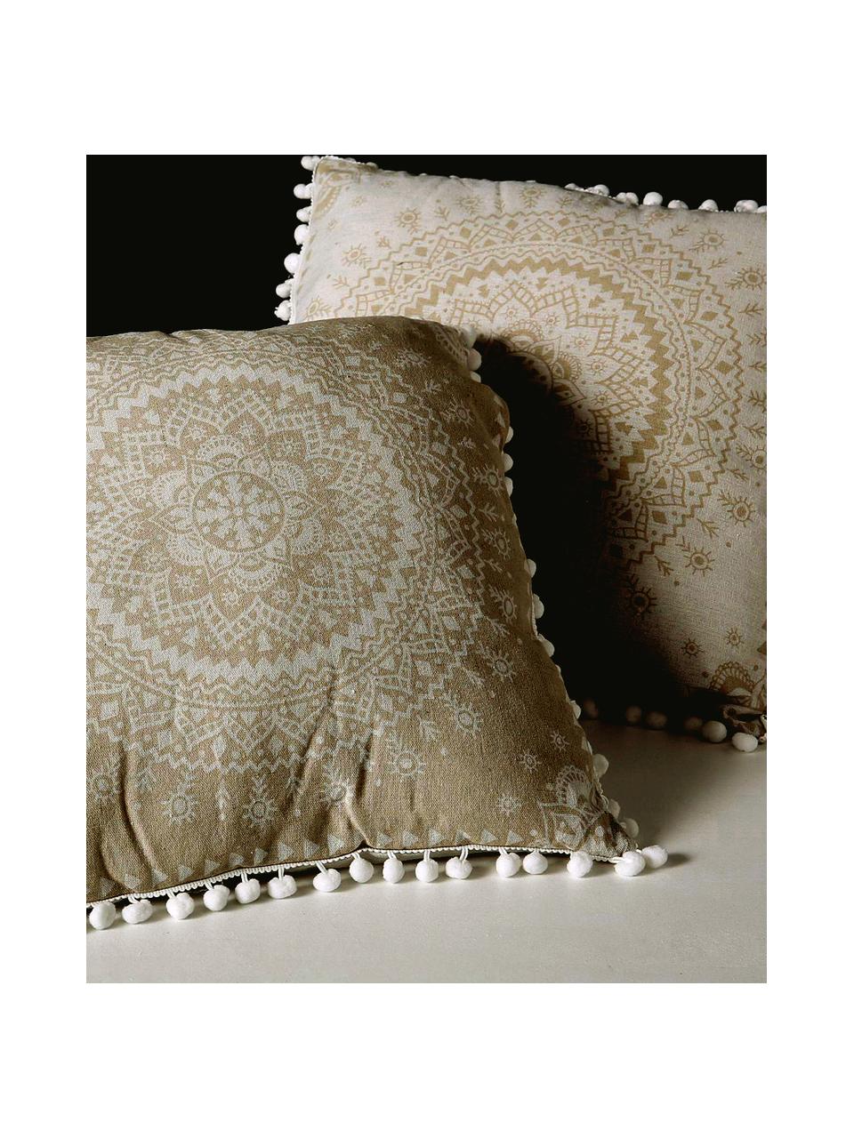 Gemustertes Kissen-Set Paloma mit verzierenden Bommeln, mit Inlett, 2 Stück, Beige, Weiß, 45 x 45 cm