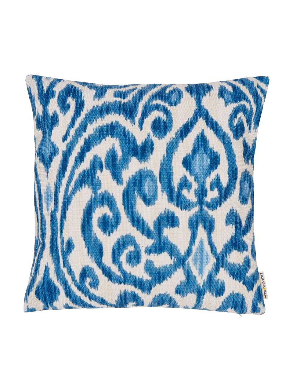 Leinen-Kissenhülle Ikat Floral in Blau/Weiß mit Muster, 60% Leinen, 40% Baumwolle, Blau, Weiß, 45 x 45 cm