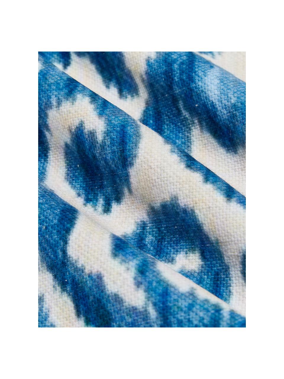 Funda de cojín de lino Ikat Floral, 60% lino, 40% algodón, Azul, blanco, An 45 x L 45 cm