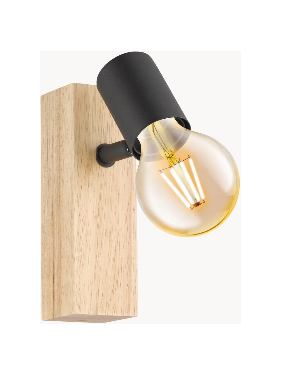 Verstelbare wandlamp Townshend van hout, Fitting: gecoat metaal, Zwart, helder hout, D 9 x H 17 cm