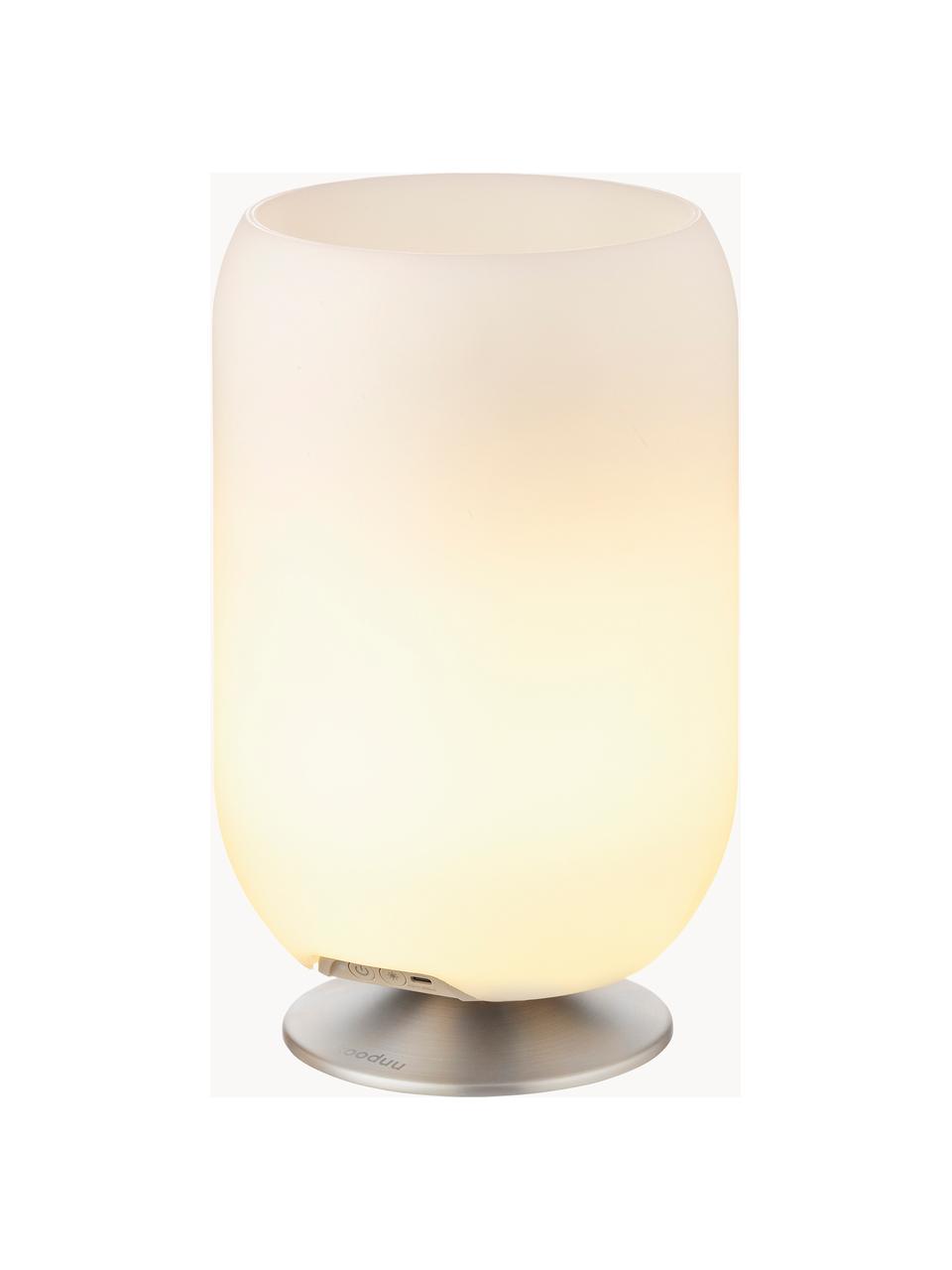 Lampada da tavolo a LED con luce regolabile e altoparlante Bluetooth Atmos, Paralume: polietilene, Struttura: metallo rivestito, Bianco, argentato, Ø 22 x Alt. 37 cm