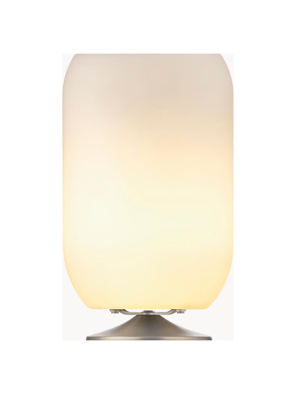 Lampada da tavolo a LED con luce regolabile e altoparlante Bluetooth Atmos, Paralume: polietilene, Struttura: metallo rivestito, Bianco, argentato, Ø 22 x Alt. 37 cm