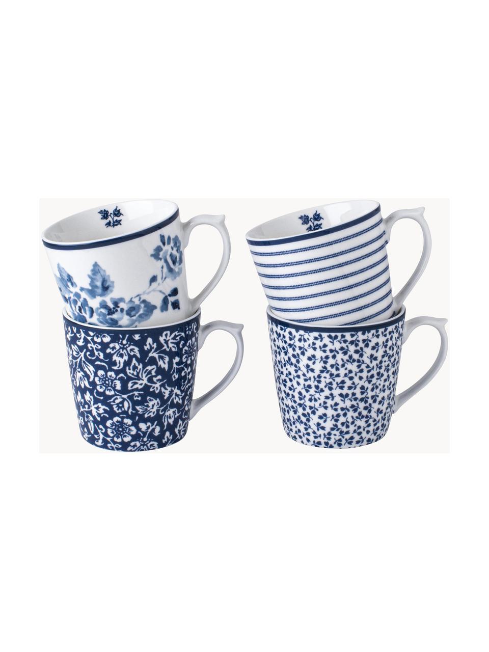 Tasses en porcelaine Candy Rose, 4 pièces, Porcelaine Fine Bone China, Blanc, tons bleus, Ø 9 x haut. 9 cm, 320 ml