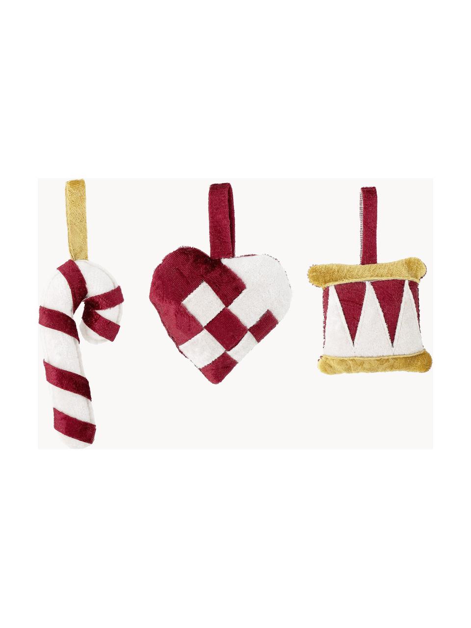 Kerstboomhangers Velua, set van 3, 100% polyester, Rood, wit, Set met verschillende formaten