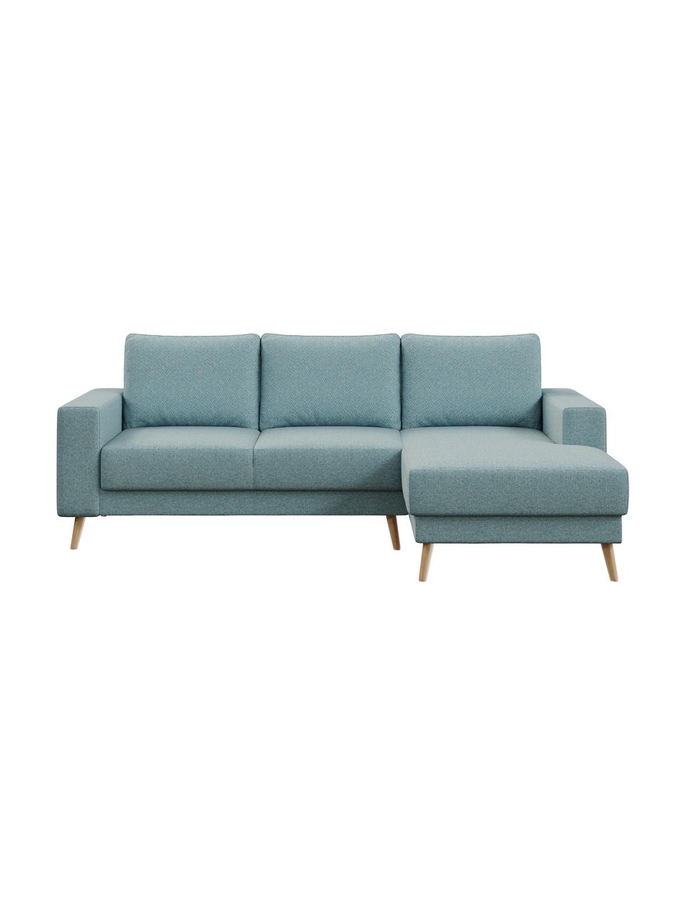 Sofa narożna Fynn, Tapicerka: 100% poliester z uczuciem, Stelaż: drewno liściaste, drewno , Nogi: drewno lakierowane Dzięki, Jasny niebieski, S 234 x G 145 cm