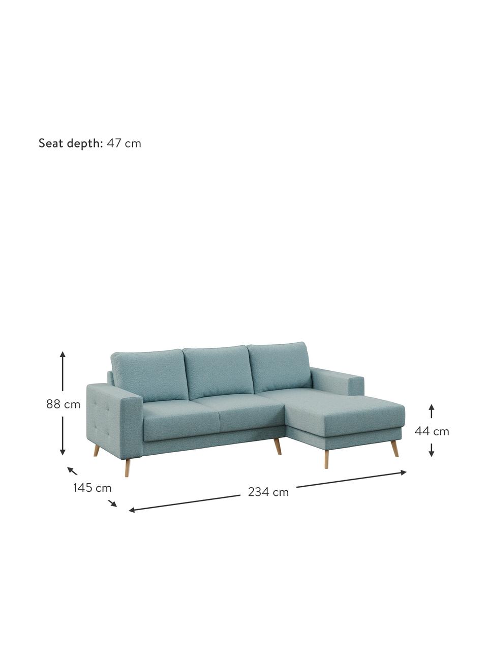 Sofa narożna Fynn, Tapicerka: 100% poliester z uczuciem, Stelaż: drewno liściaste, drewno , Nogi: drewno lakierowane Dzięki, Jasny niebieski, S 234 x G 145 cm