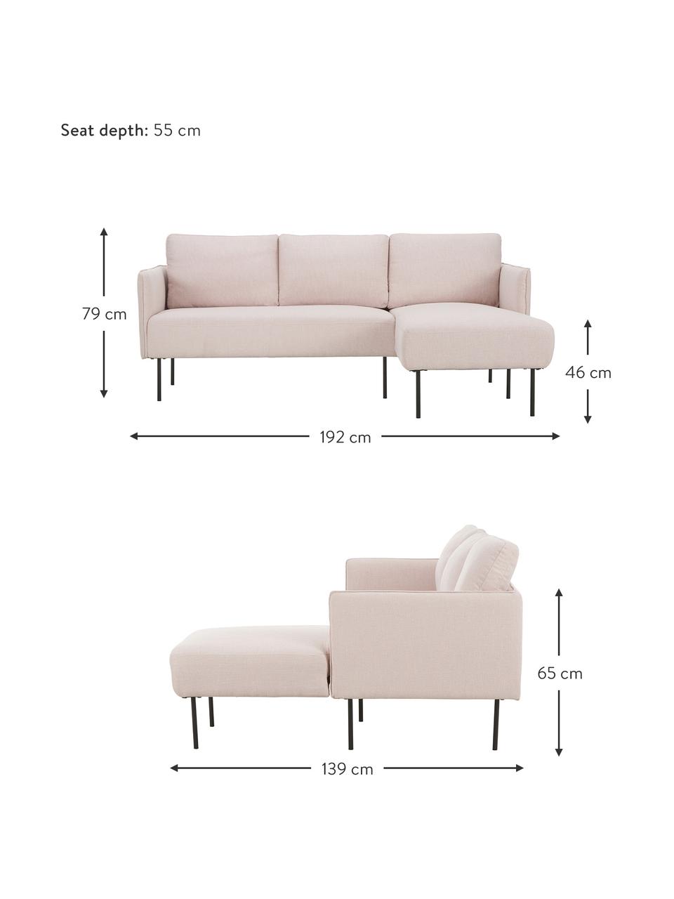 Divano angolare in tessuto rosa Ramira, Rivestimento: poliestere 40.000 cicli d, Struttura: legno di pino massiccio, , Piedini: metallo verniciato a polv, Tessuto rosa, Larg. 192 x Prof. 136 cm