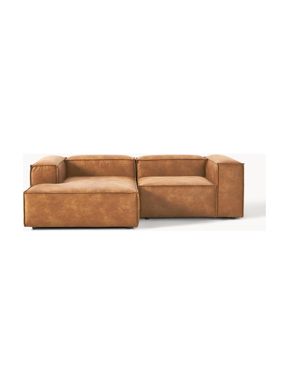 Modulares Ecksofa Lennon aus recyceltem Leder, Bezug: Recyceltes Leder (70 % Le, Gestell: Massives Holz, Sperrholz, Füße: Kunststoff Dieses Produkt, Leder Braun, B 238 x T 180 cm, Eckteil rechts