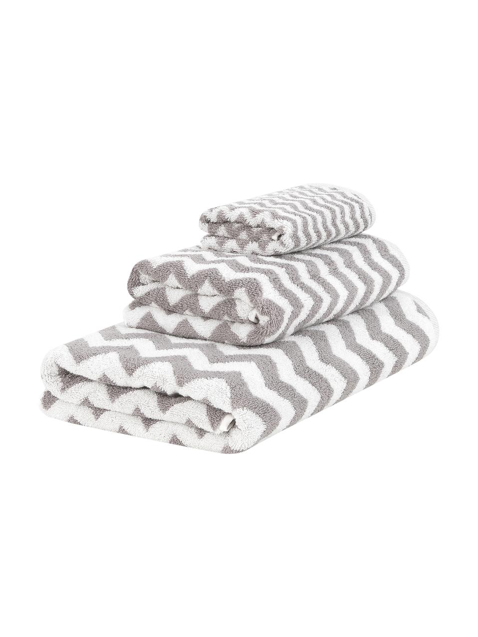 Lot de serviettes de bain imprimé zigzag Liv, 3 élém., 100 % coton
Grammage intermédiaire 550 g/m², Gris, blanc crème, Lot de différentes tailles