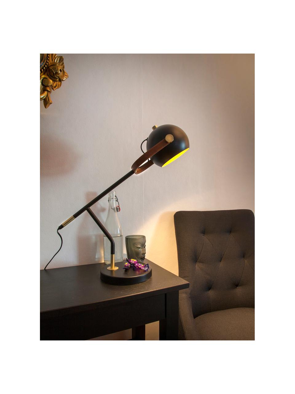 Grote tafellamp Bow met leren decoratie, Lampenkap: gelakt metaal, Lampvoet: gelakt metaal, Decoratie: kunstleer, Zwart, 42 x 54 cm