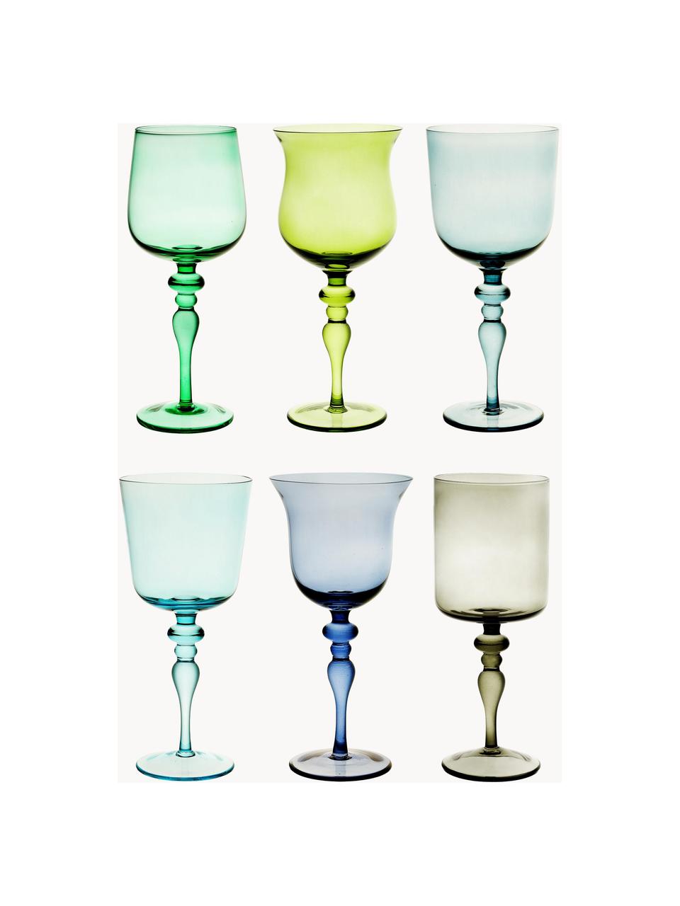 Mundgeblasene Weingläser Diseguale in unterschiedlichen Farben und Formen, 6er-Set, Glas, mundgeblasen, Grüntöne, Blautöne, Ø 8 x H 20 cm, 200 ml