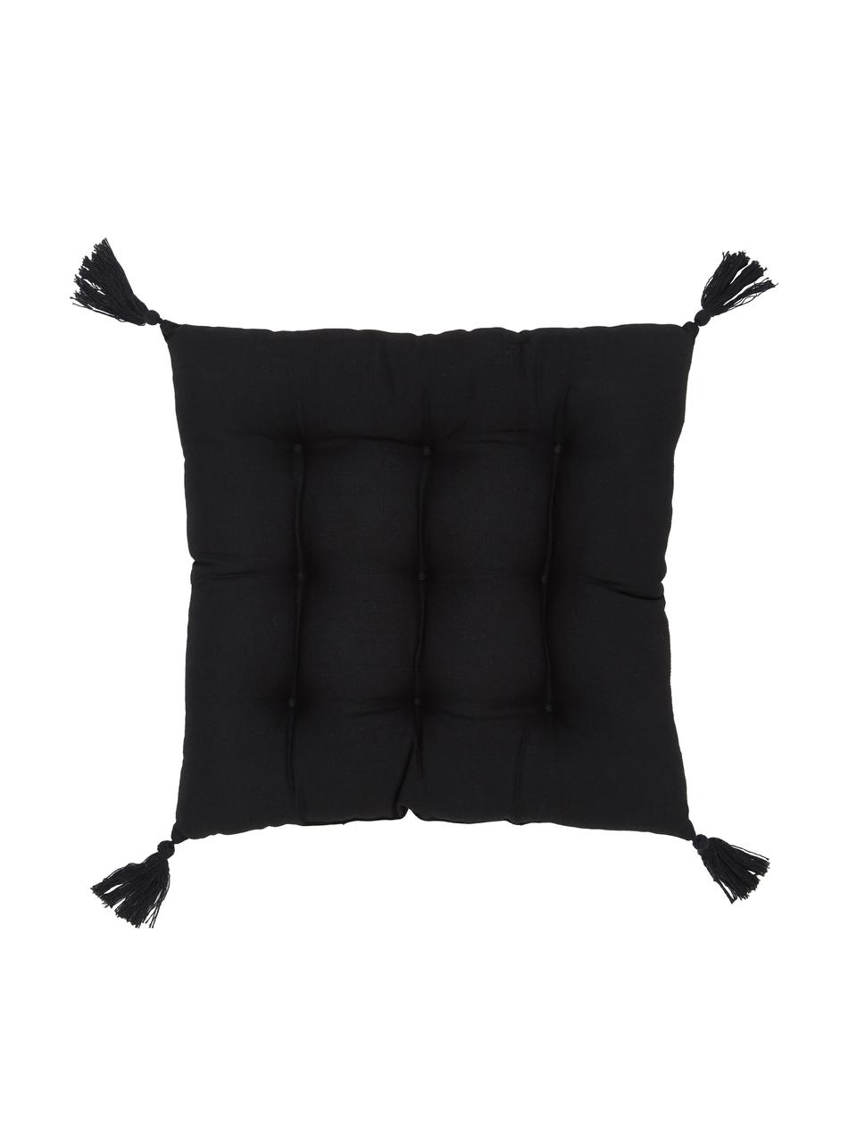 Coussin de chaise 40x40 noir à houppes Ava, Noir, larg. 40 x long. 40 cm