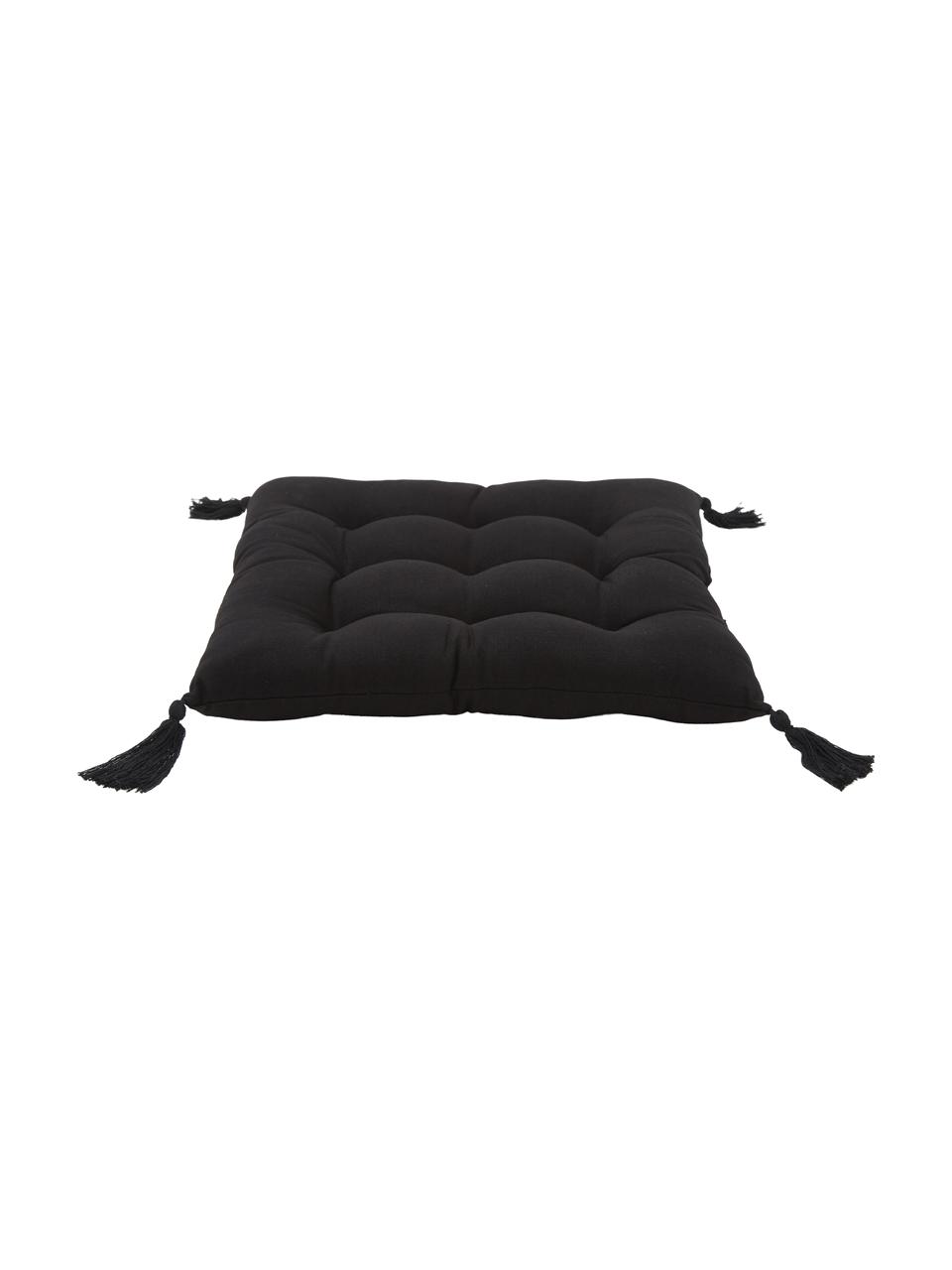 Cojín de asiento de algodón con borlas Ava, Funda: 100% algodón, Negro, An 40 x L 40 cm