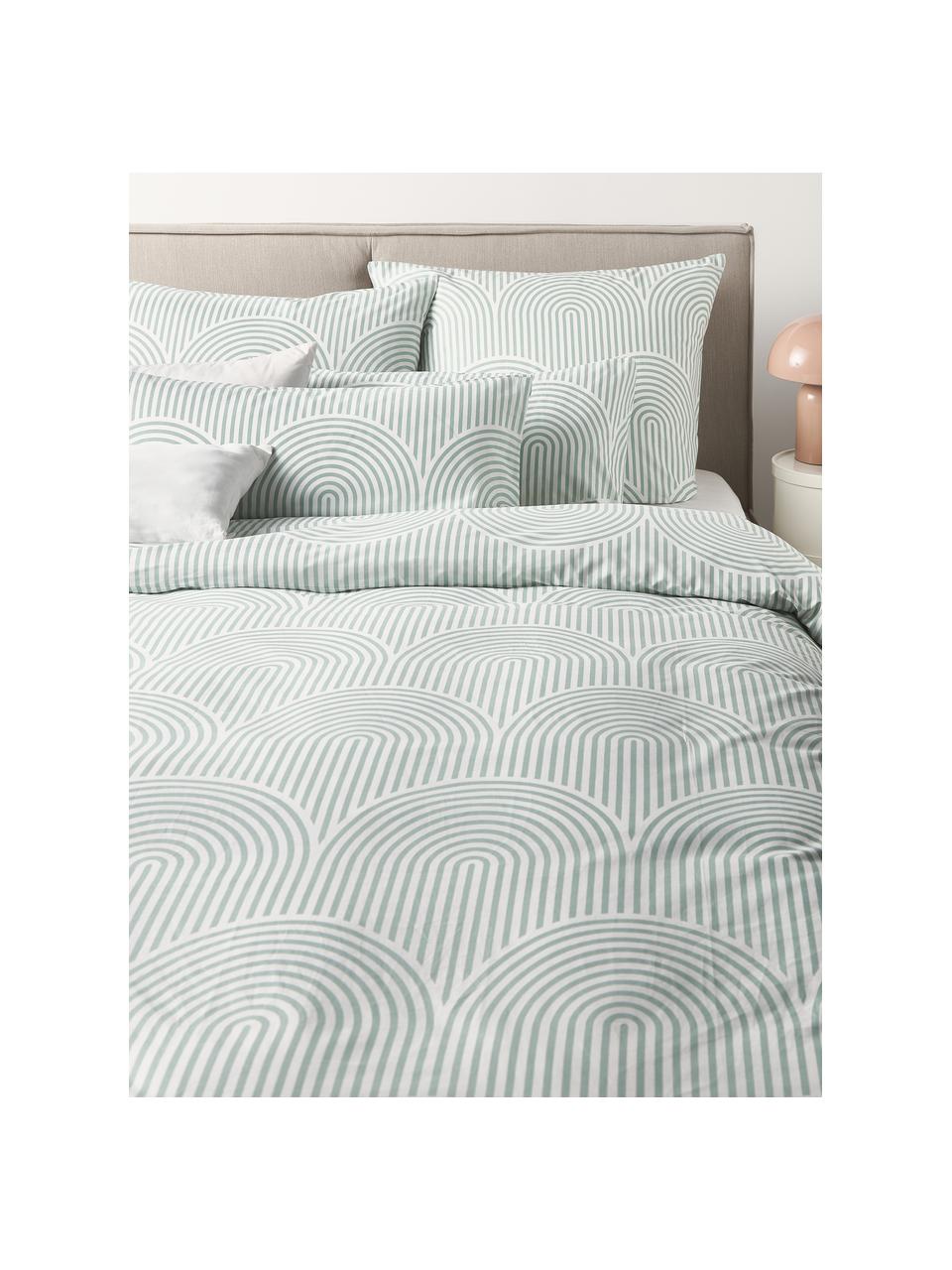 Funda nórdica de algodón Arcs, Verde salvia, blanco, Cama 90 cm (155 x 220 cm)